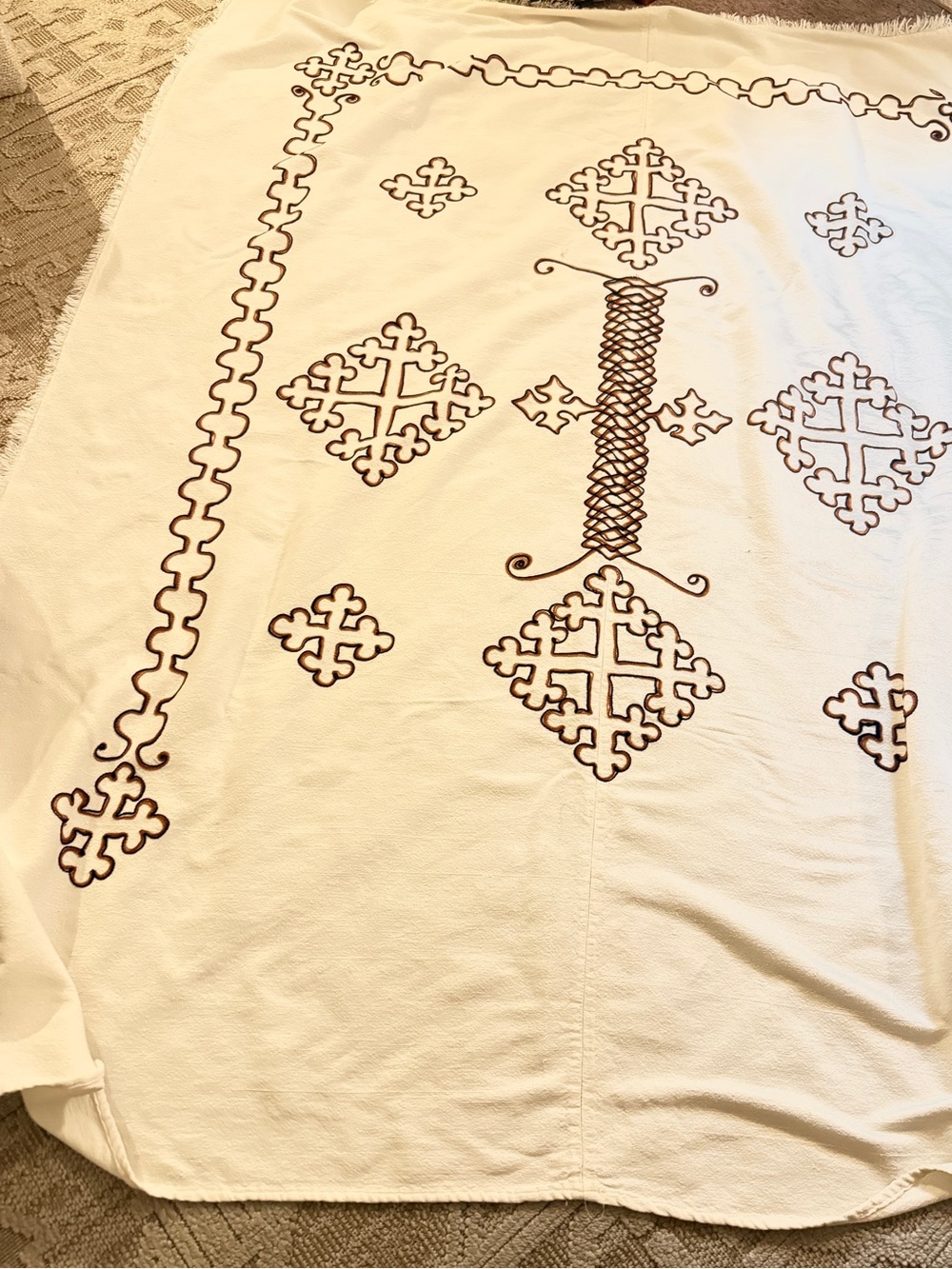 traditional white Ethiopian handwoven cotton blanket brown embroidered crosses